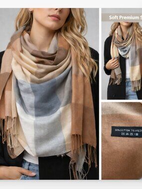 Neutral Plaid Scarf Beige Brown Gray Soft Cotton Viscose Wrap Shawl